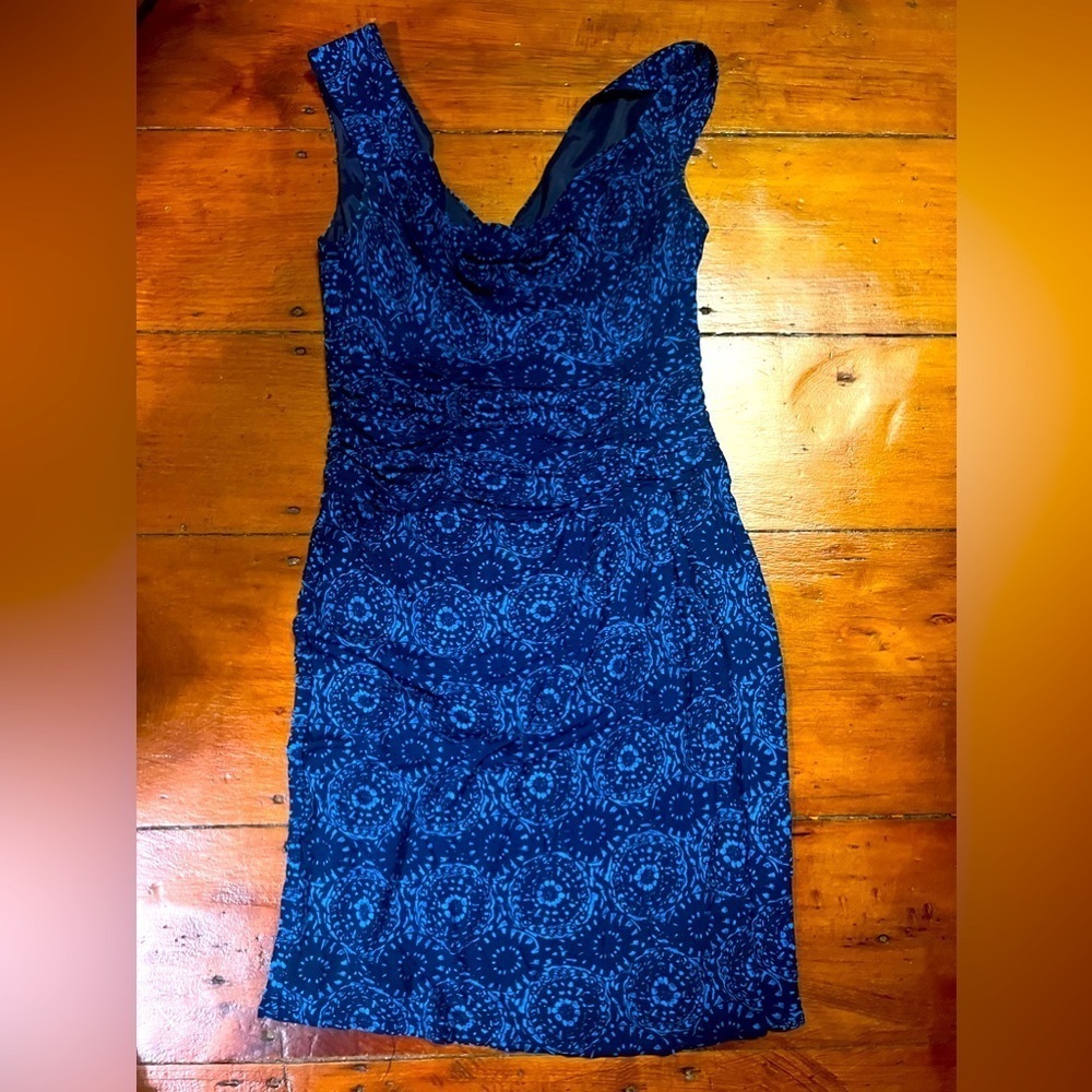 Nanette Lapore blue cowlneck sleeve dress women’s size 4 faux wrap knee length